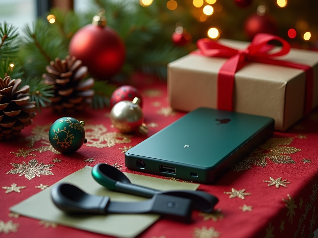 Smartphone and wireless earbuds on a festive tablecloth with Christmas decorations and gift.