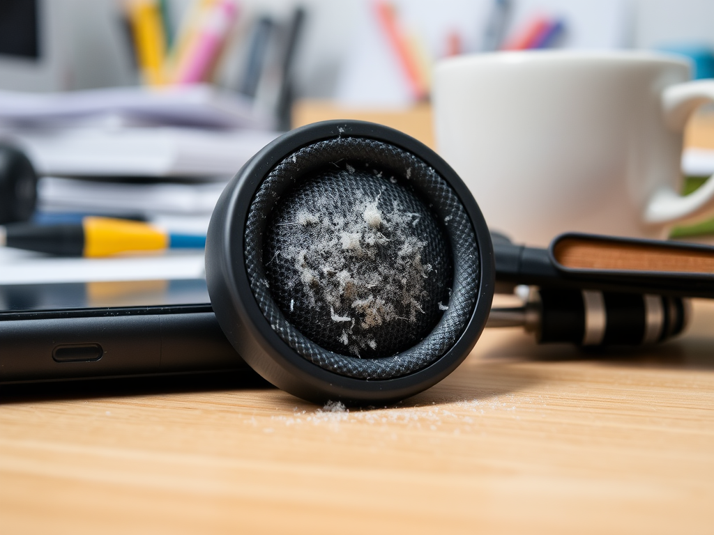 A close-up of a dusty headphone earcup on a cluttered desk with a smartphone and a coffee cup.