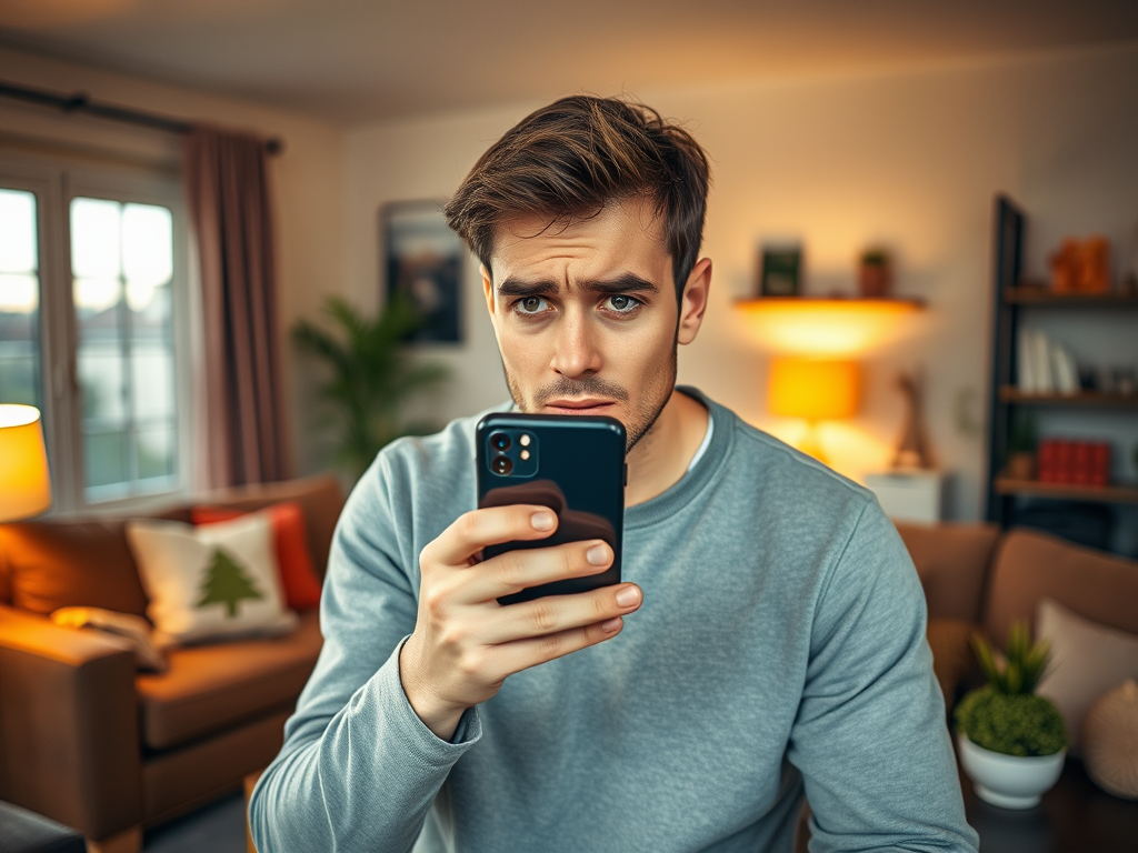 A young man with a concerned expression looks at his phone in a cozy living room with warm lighting.