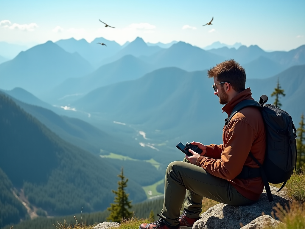 Man with backpack sitting on mountain edge, holding camera, overlooking scenic valley and peaks.