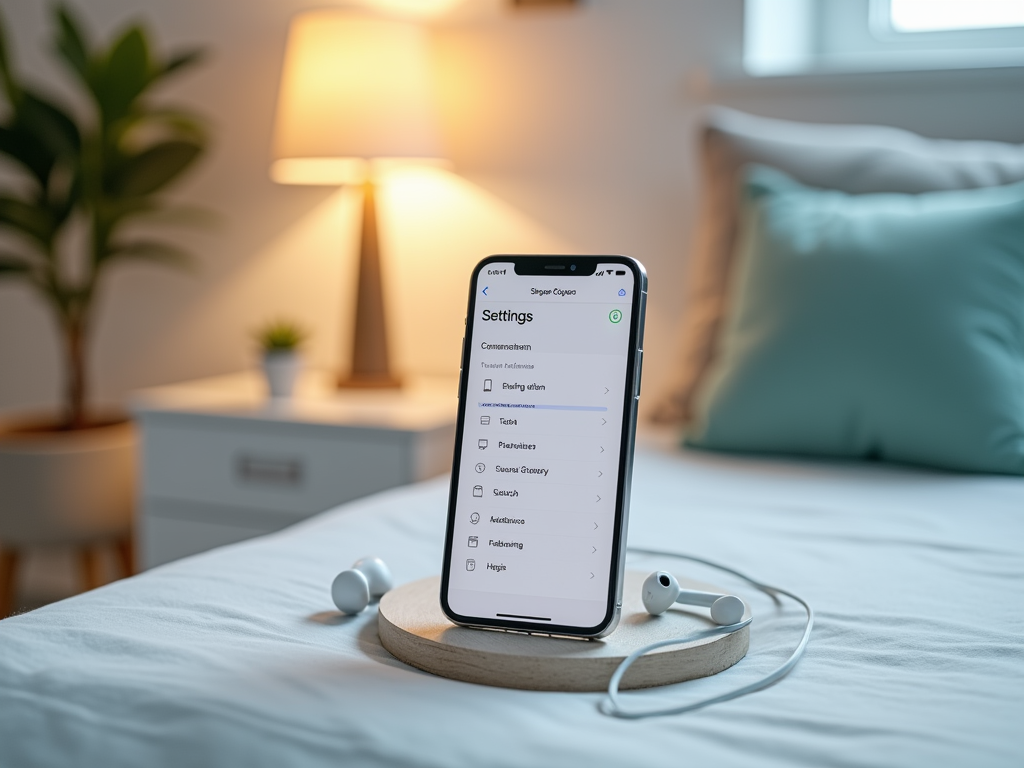 Smartphone with settings menu open, resting on small stand, with earphones on a bed in a cozy room.