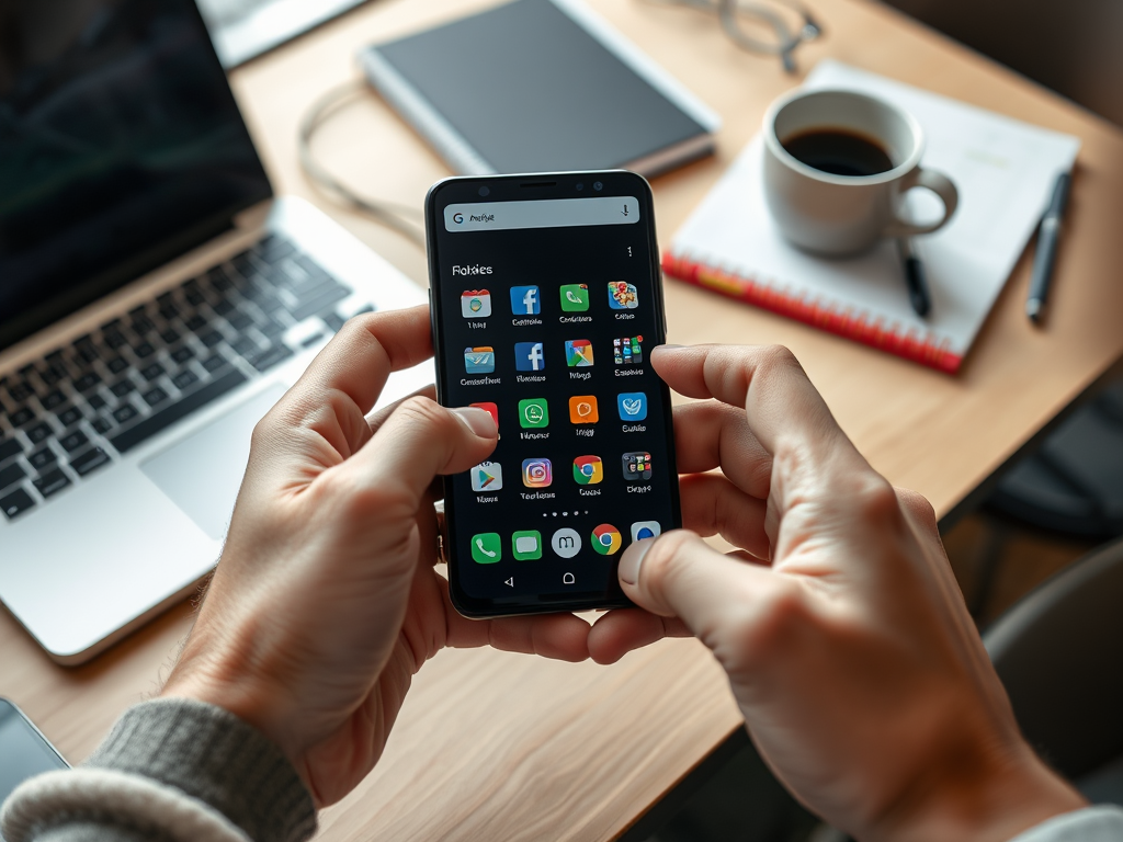 A person holds a smartphone displaying various app icons, with a laptop and a coffee cup in the background.