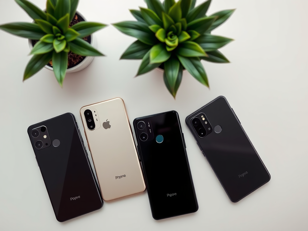 A flat lay of four smartphones next to a small potted plant on a light surface.
