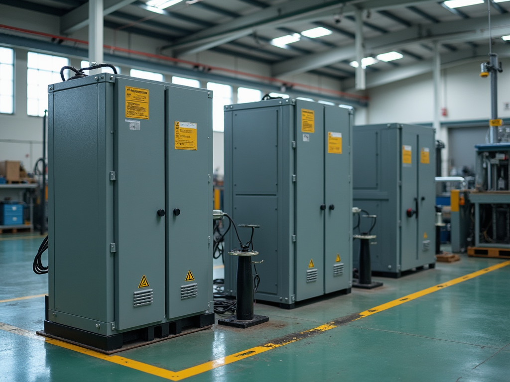 Row of gray industrial electrical cabinets in a warehouse with caution labels.