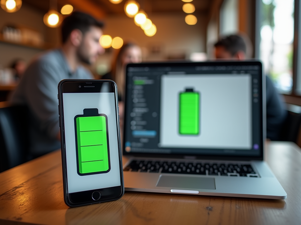 Smartphone and laptop displaying battery icons in a cafe with people in background.