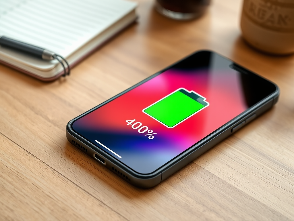 A smartphone displaying a battery charge of 400% on its screen, placed on a wooden table.