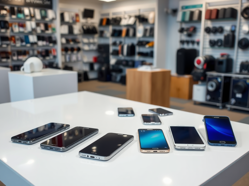 A display of various smartphones arranged on a table in an electronics store, with shelves of products in the background.