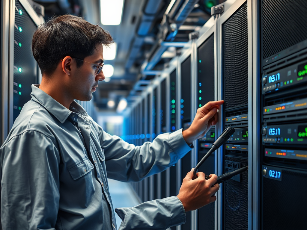 A technician in a server room adjusts equipment, surrounded by rows of servers and illuminated indicators.
