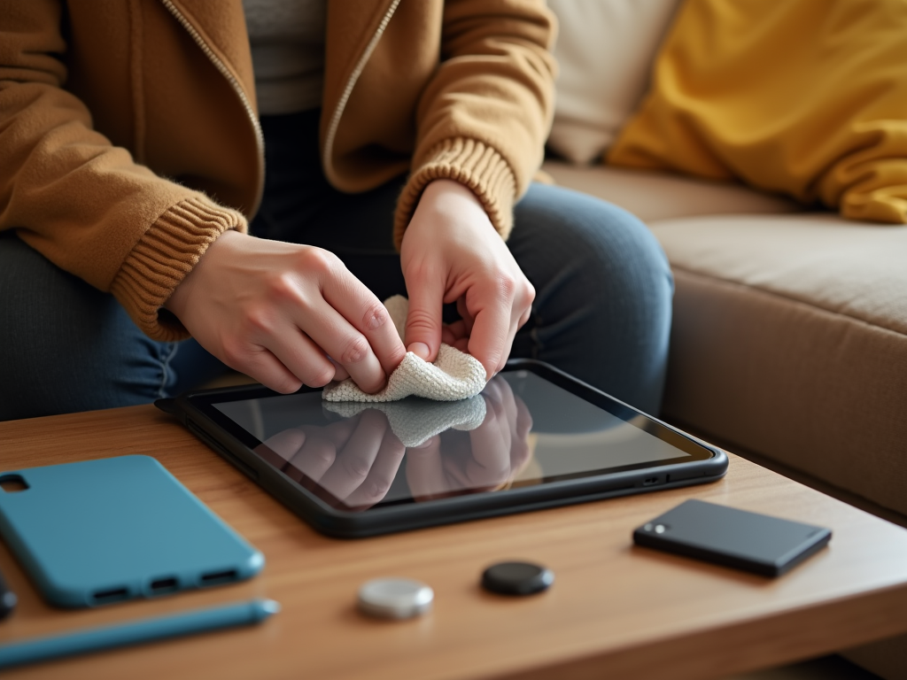 Person cleaning a tablet screen with a cloth, surrounded by gadgets on a wooden table.