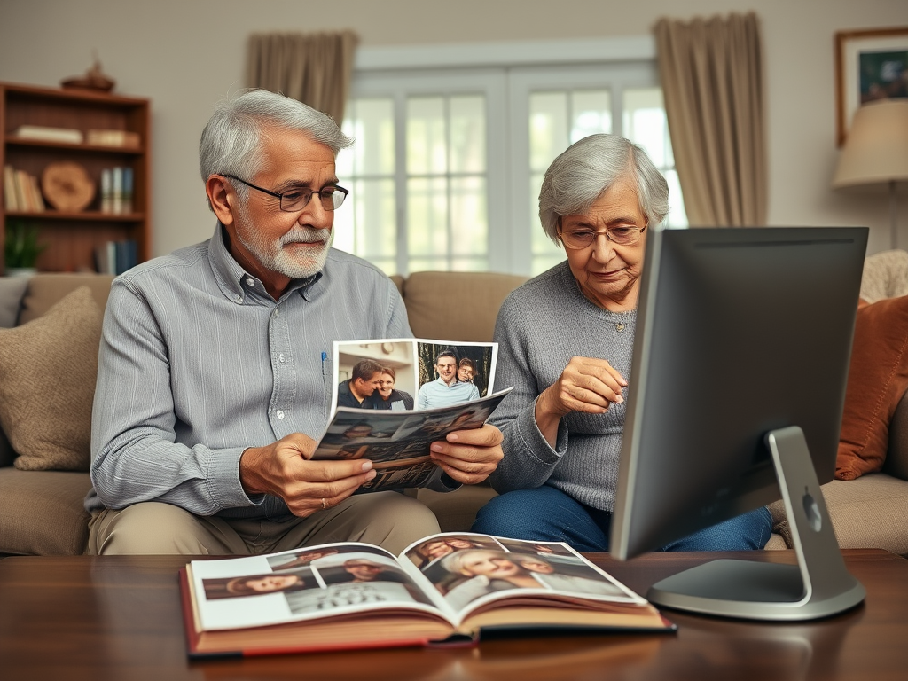 An elderly couple sits on a couch, looking at a photo album while a computer monitor is nearby.