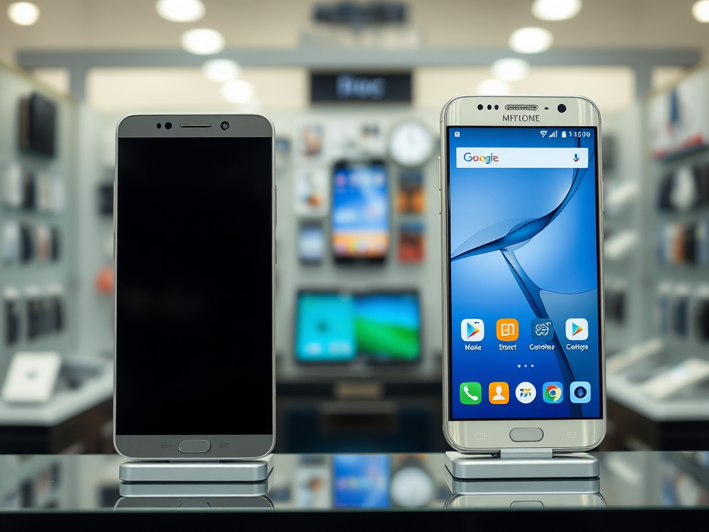 Two smartphones displayed on stands, one with a black screen and the other showing a colorful home screen in a store.