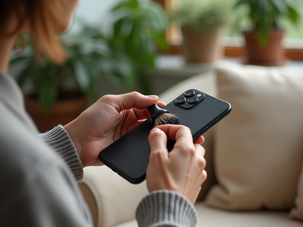 Person using smartphone to photograph a lock of hair in their hand, indoor setting with plants.