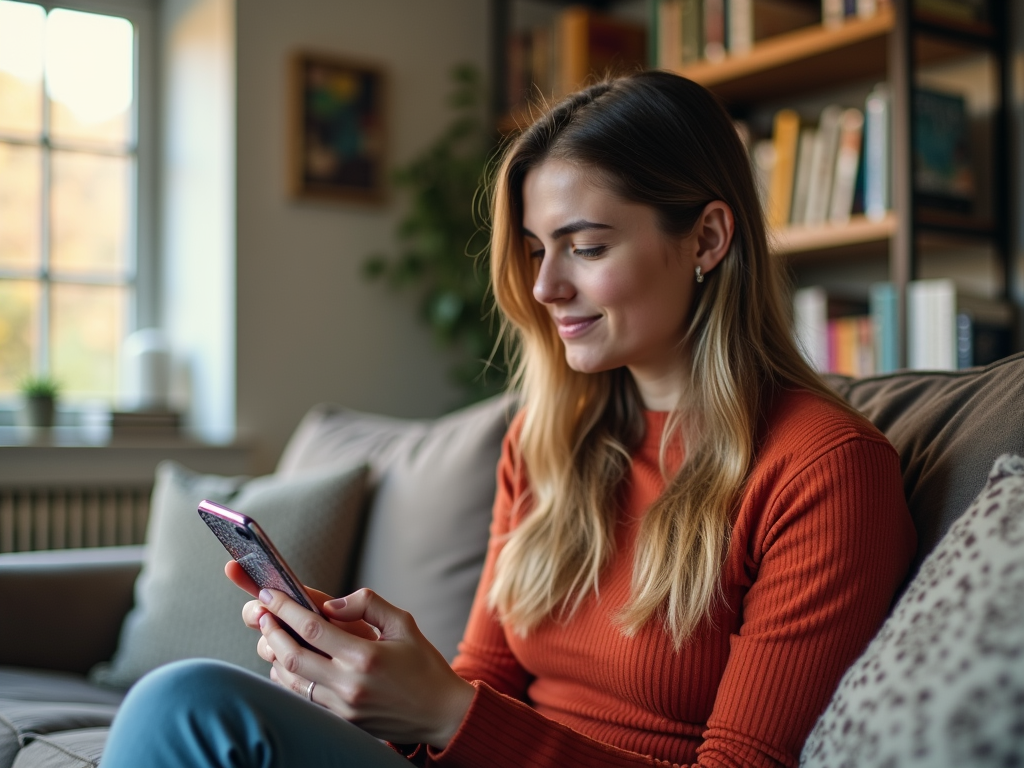 Woman in orange sweater smiling at phone on couch by a window.