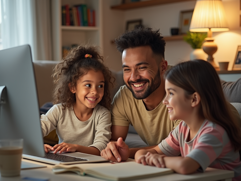 Father and two kids smiling while using a computer at home.