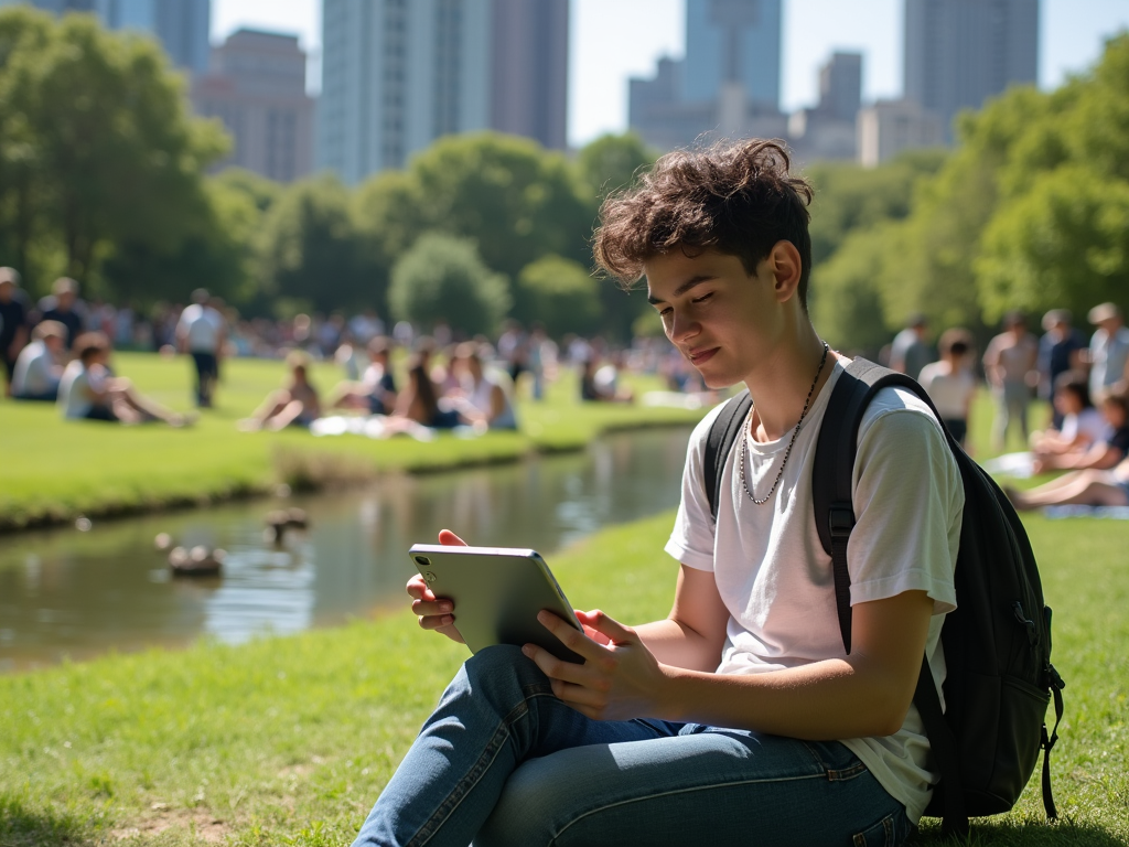 Young man using a tablet in a bustling park with people and skyscrapers in the background.