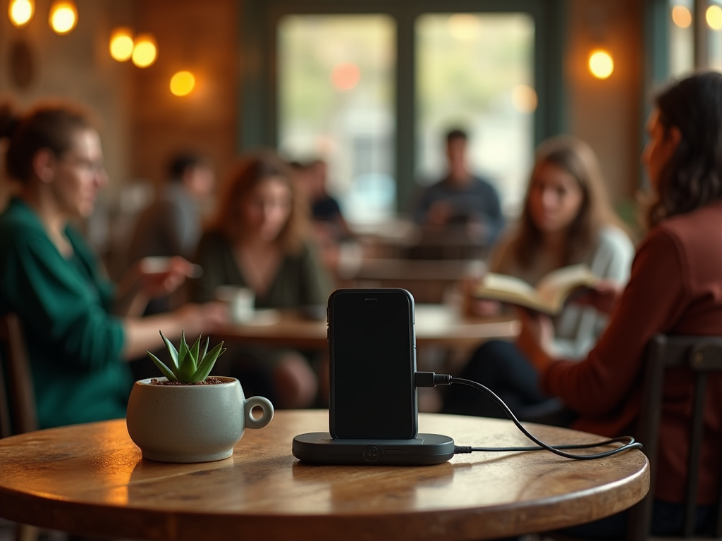 Smartphone charging on a dock in a bustling cafe with people chatting and reading in the background.