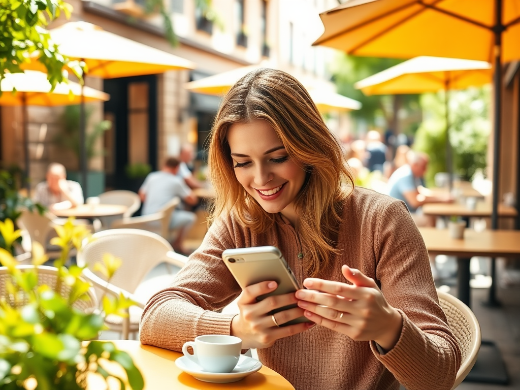 A woman smiles at her phone while enjoying coffee at an outdoor café with yellow umbrellas and greenery around.