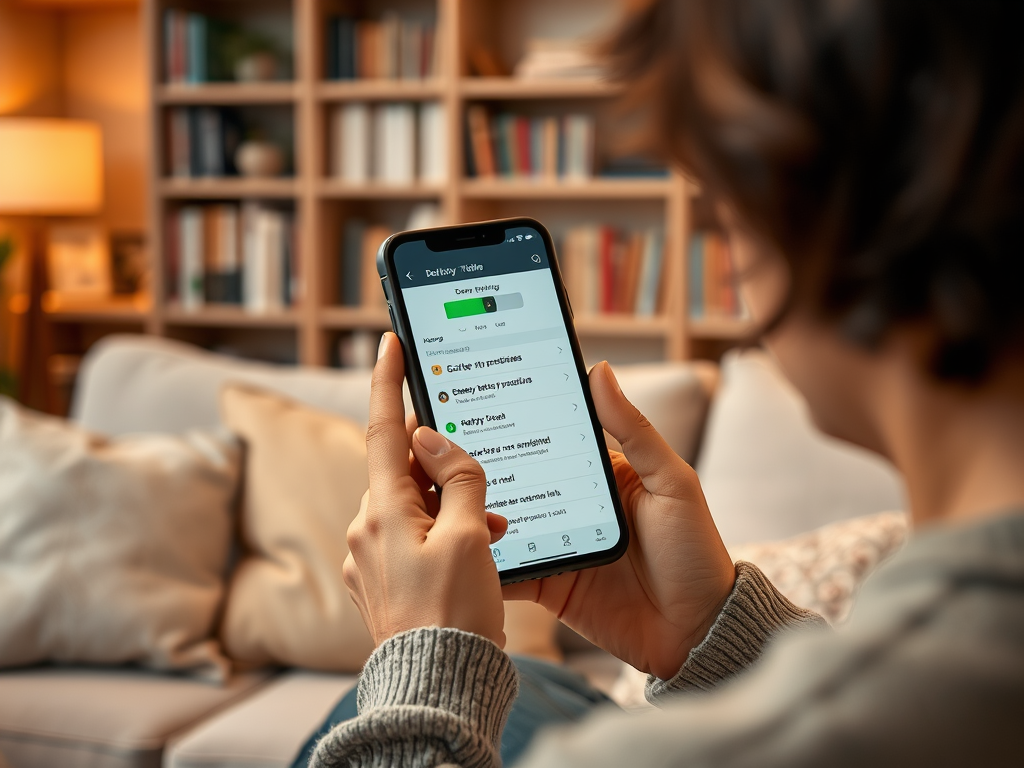 A person holds a smartphone displaying a list of friends in a cozy living room setting. Bookshelves are in the background.