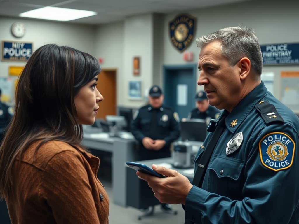 A police officer talks to a woman in a police station, with other officers in the background.