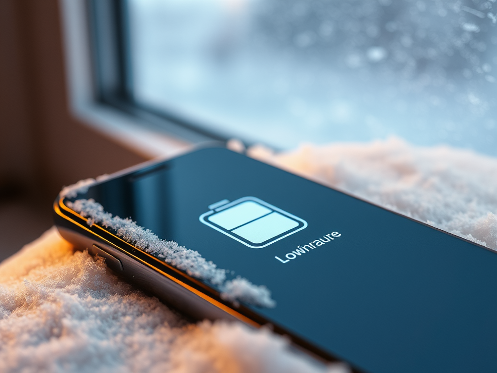 A smartphone displaying a low battery warning, resting on a bed of snow near a window.