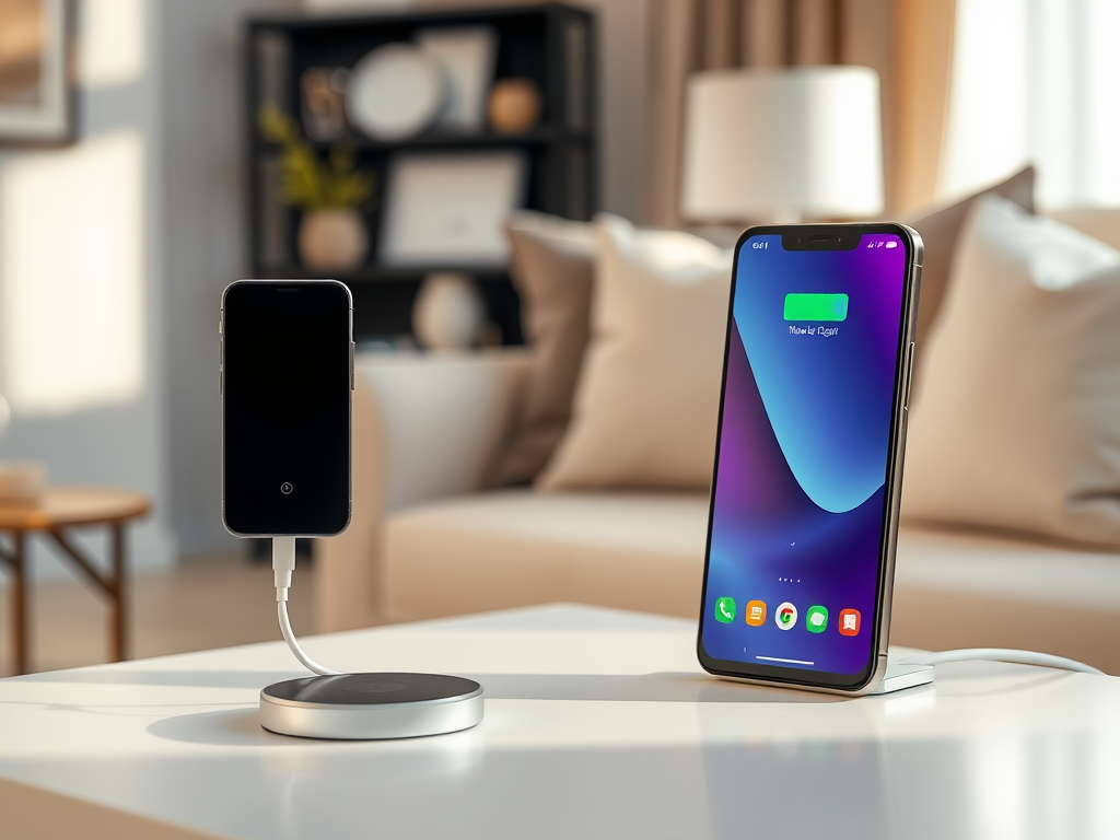 A black smartphone is charging on a stand, next to another phone displaying its battery status on a table.