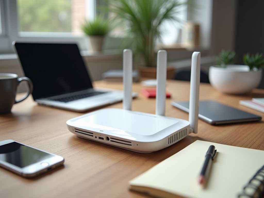 A wireless router on a desk with a laptop, smartphone, and notepad nearby in an office setting.