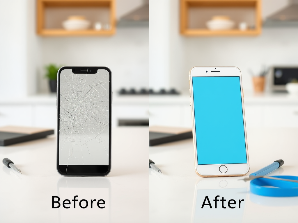 A split image showing a cracked phone labeled "Before" and a repaired phone with a blue screen labeled "After."