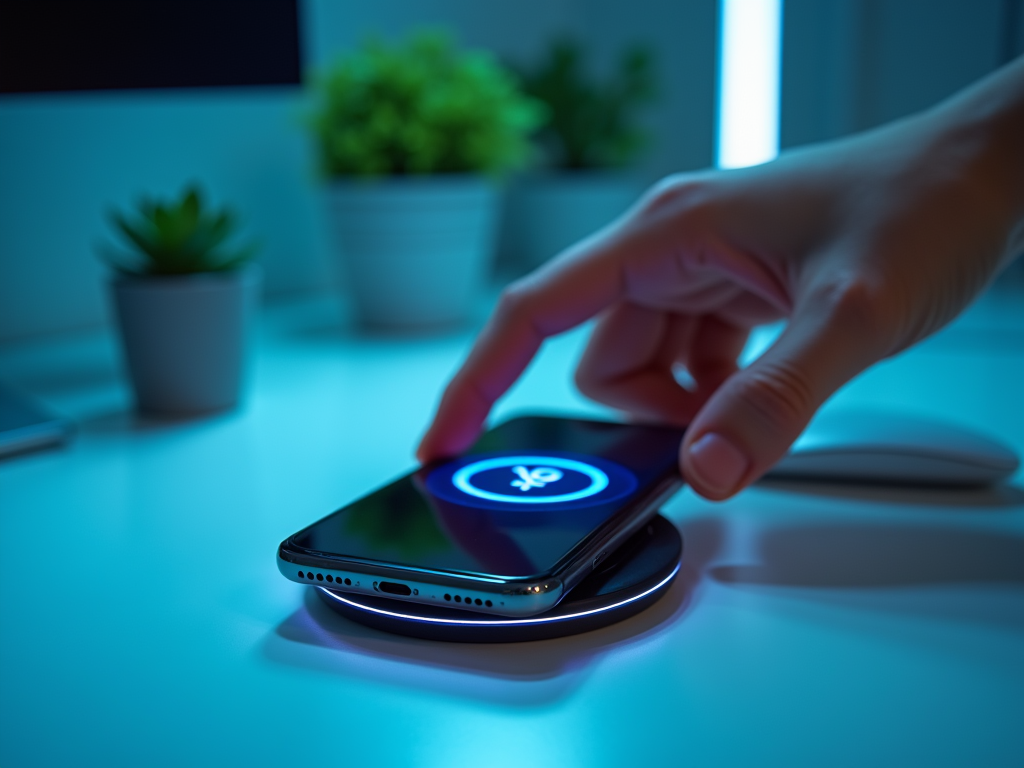 Hand using a smartphone for contactless charging with a blue light, on a desk lit in blue.