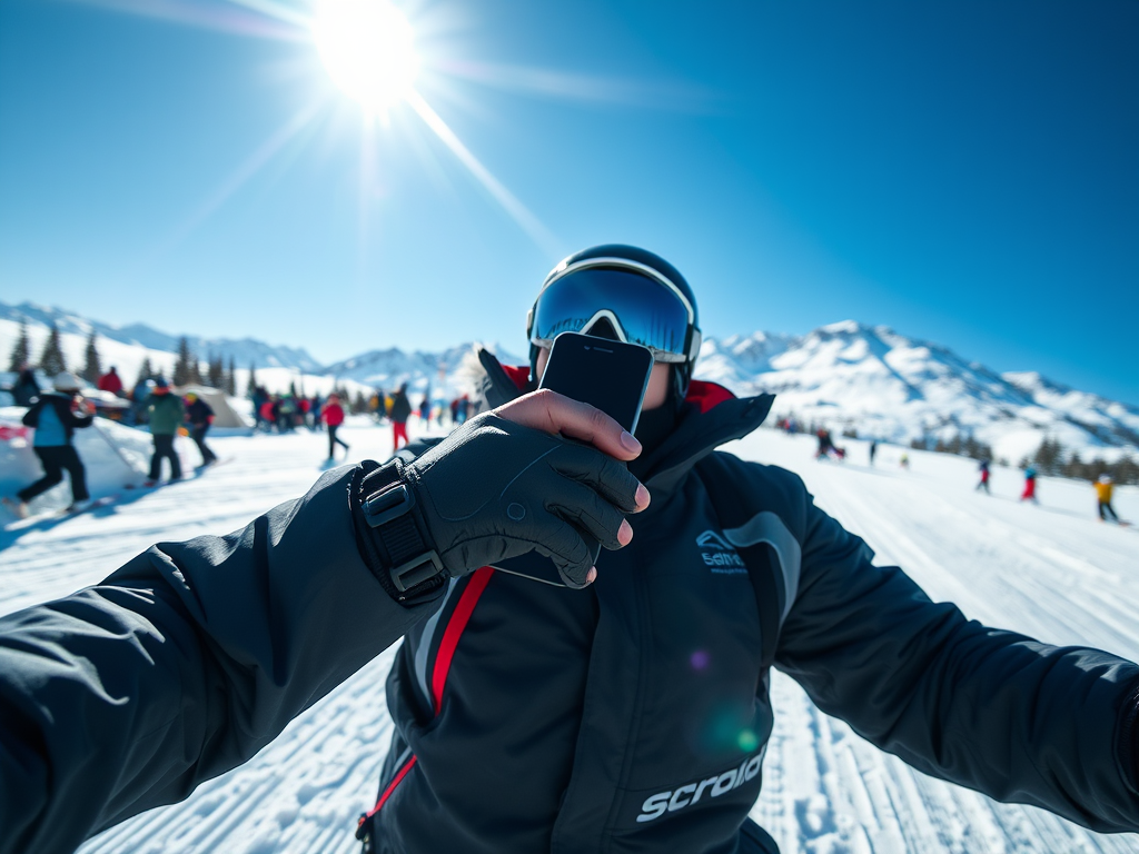 A skier takes a selfie on a sunny day with snowy mountains and people skiing in the background.