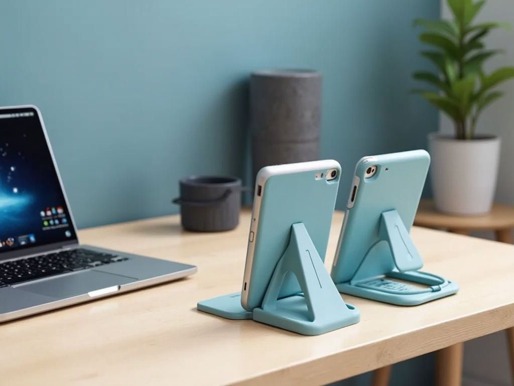 A modern workspace featuring a laptop, two smartphones on stands, and indoor plants on a wooden desk.