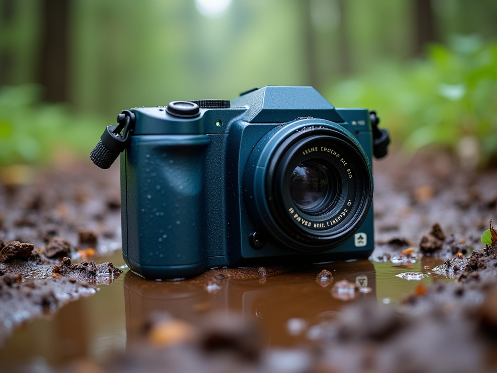 Dark green camera with large lens on wet forest floor, reflecting in a small puddle.