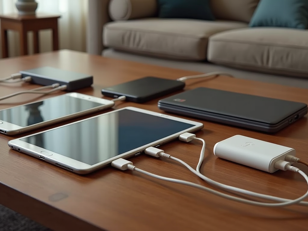 Multiple electronic devices and power banks connected via cables on a wooden table.