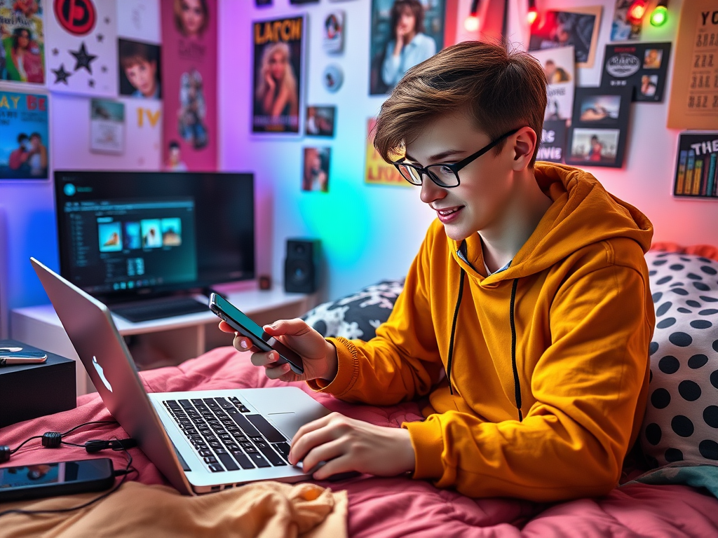 A young person in an orange hoodie sits on a bed, using a laptop and phone, surrounded by colorful room decor.