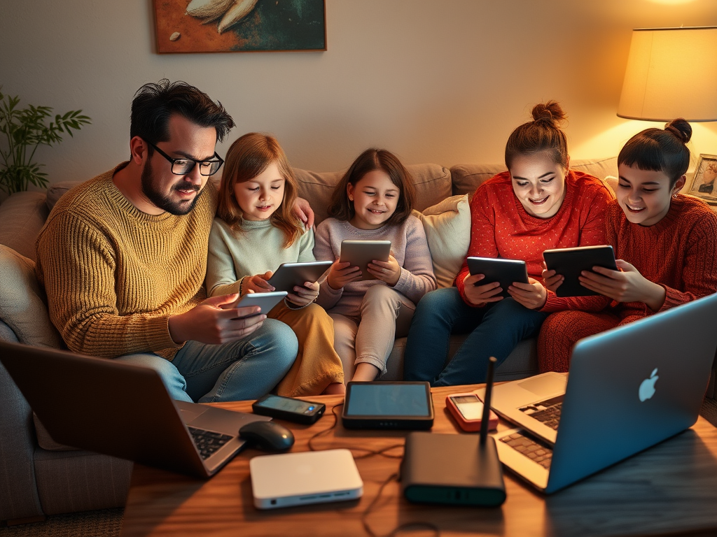 A man and four girls sit together on a couch, each using tablets in a cozy, well-lit living room.