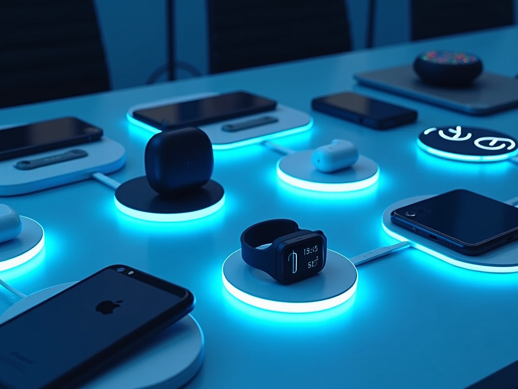 Various electronic devices including phones and wearables on glowing blue charging pads in a dimly lit room.