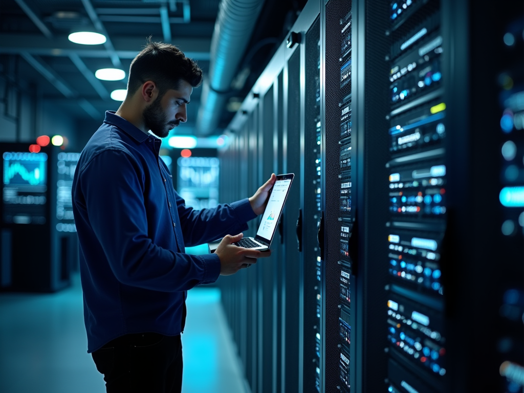 Man using tablet to check servers in a dimly lit data center.