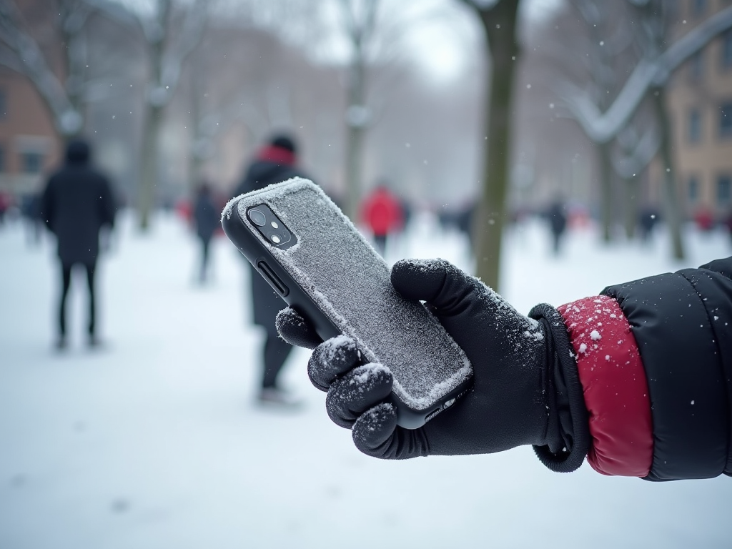 Gloved hand holding a frost-covered smartphone in a snowy park with blurred figures walking in the background.