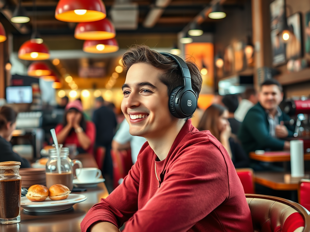 A young person wearing headphones smiles while sitting at a café table, enjoying coffee and pastries in a lively atmosphere.