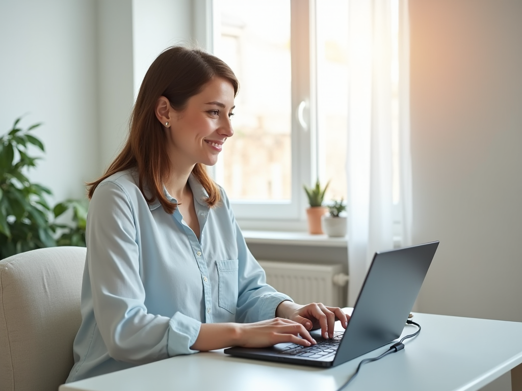 A smiling woman working on a laptop at a bright home office.