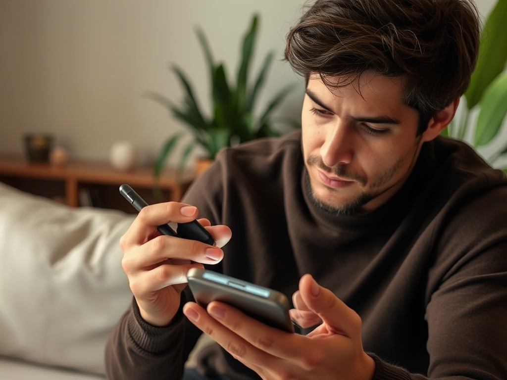 A man sits on a couch, focusing on his smartphone while holding a pen in his other hand, surrounded by plants.