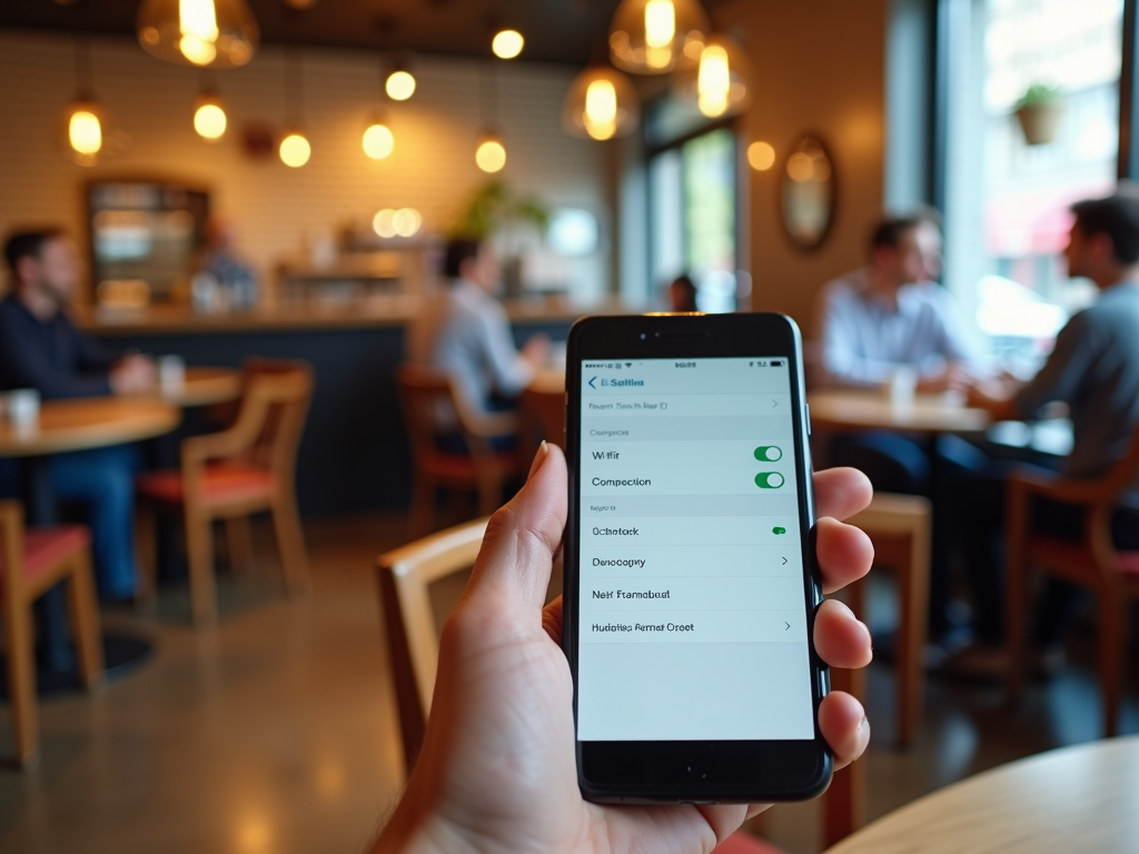 Hand holding smartphone with settings screen visible in a busy cafe.