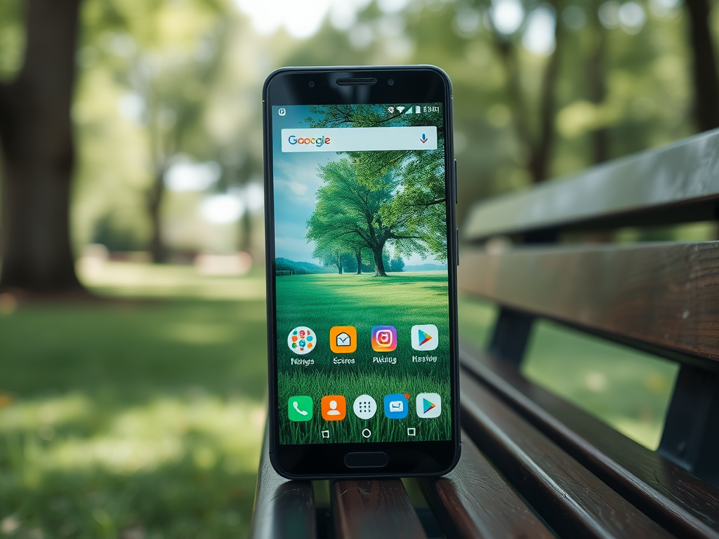 A smartphone on a wooden bench, displaying a lush green landscape as the background on its home screen.