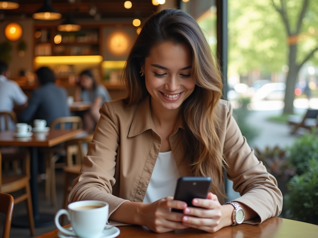 Woman smiling at phone in a café with a cup of coffee on the table.