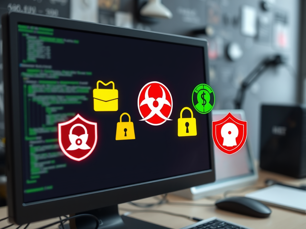 A computer screen displays cybersecurity icons: shields, locks, and symbols for risk and finance amidst coding text.