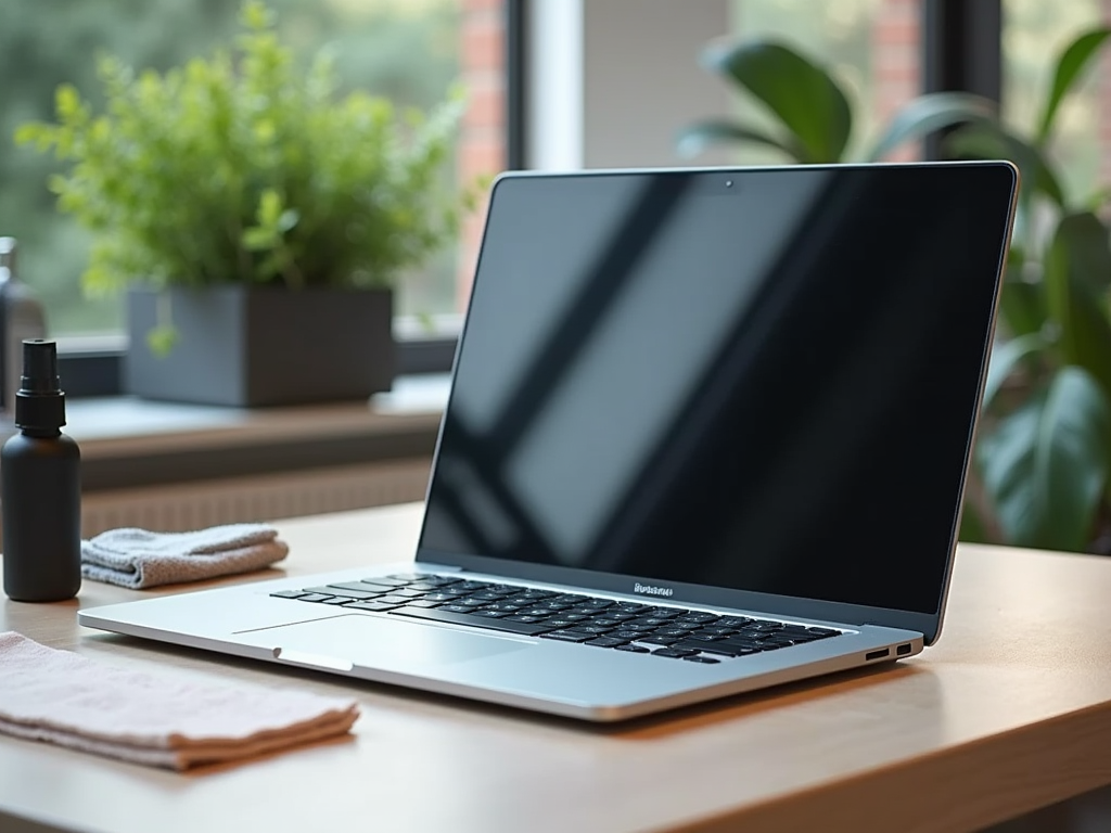 A laptop on a desk near a window, surrounded by a plant, a spray bottle, and towels.