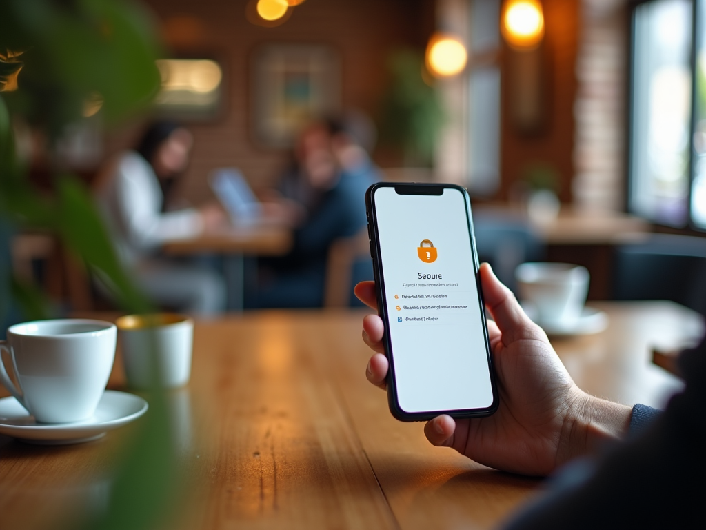 Person holding a smartphone with a security app on the screen, in a cozy cafe setting.