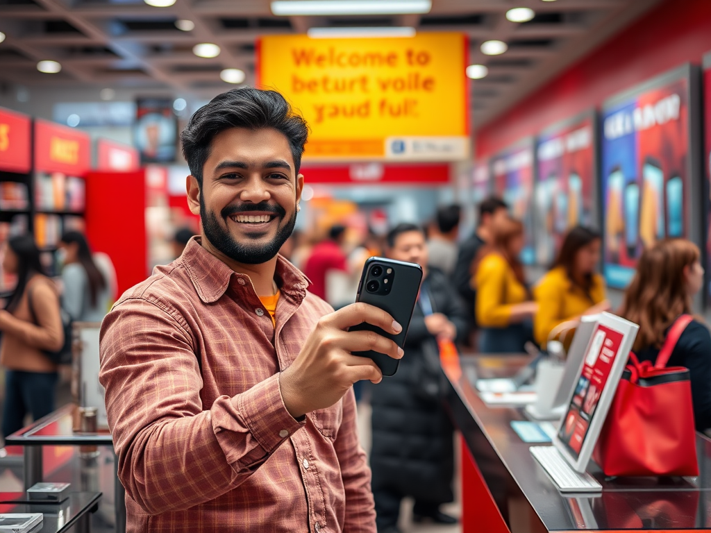 A smiling man holds a smartphone in an electronics store, with customers browsing in the background and a welcome sign above.