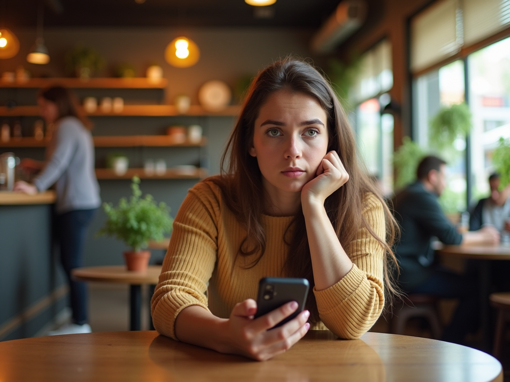 Young woman in a yellow sweater looking thoughtful while holding a phone in a busy cafe.