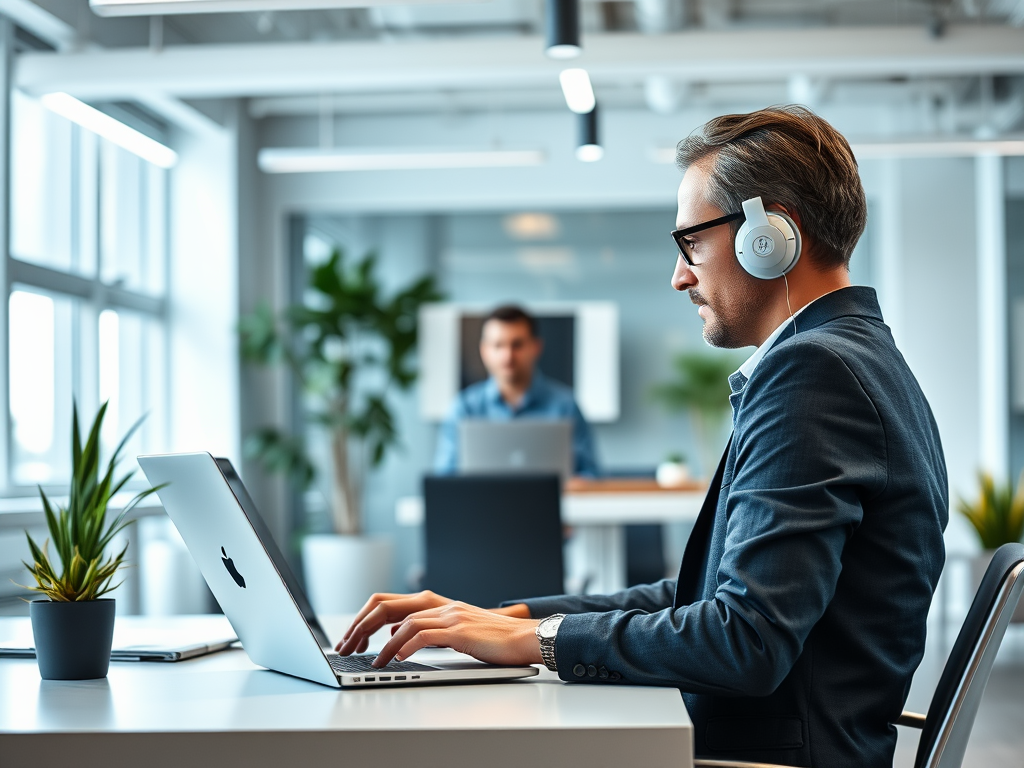 A man in a suit and headphones works on a laptop in a modern office with plants in the background.