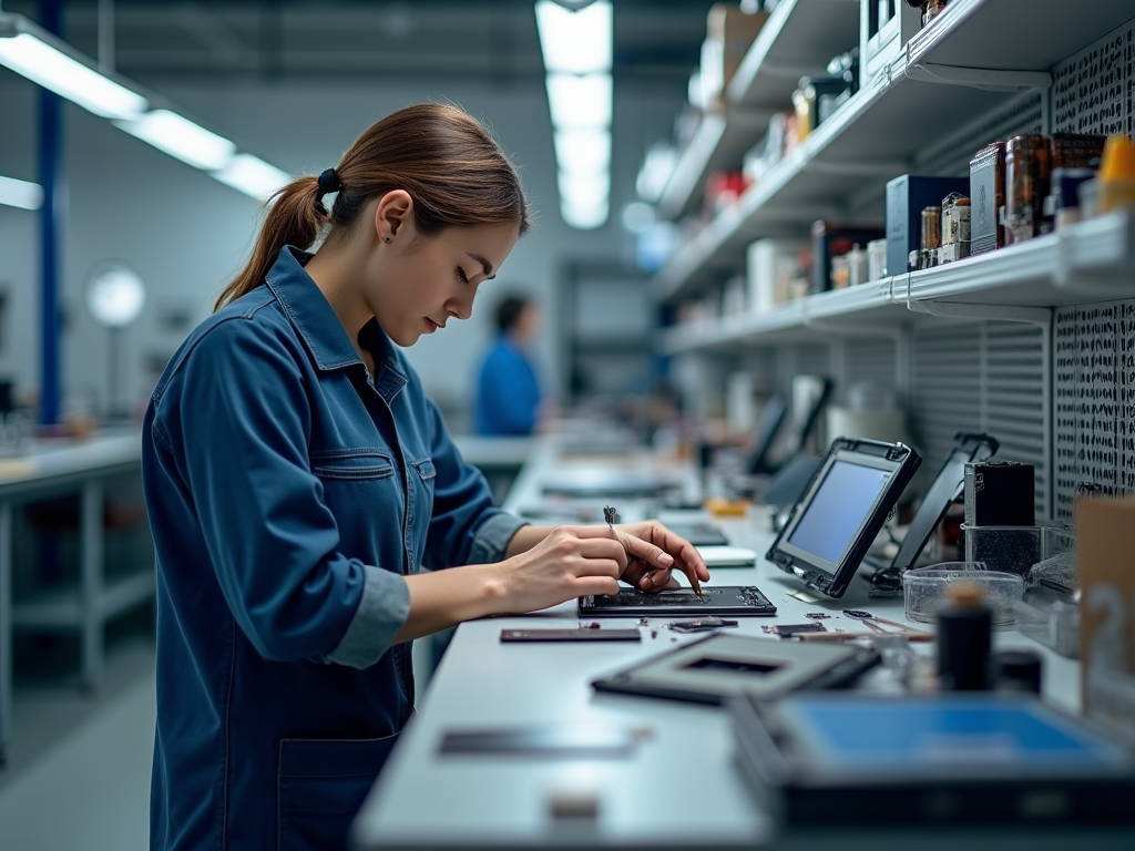 Woman in blue workwear focuses on assembling electronic parts in a tech lab.